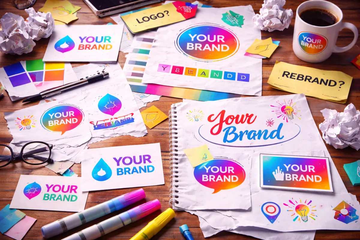 שולחן עבודה עם סקיצות מיתוג וגרסאות לוגו YOUR BRAND