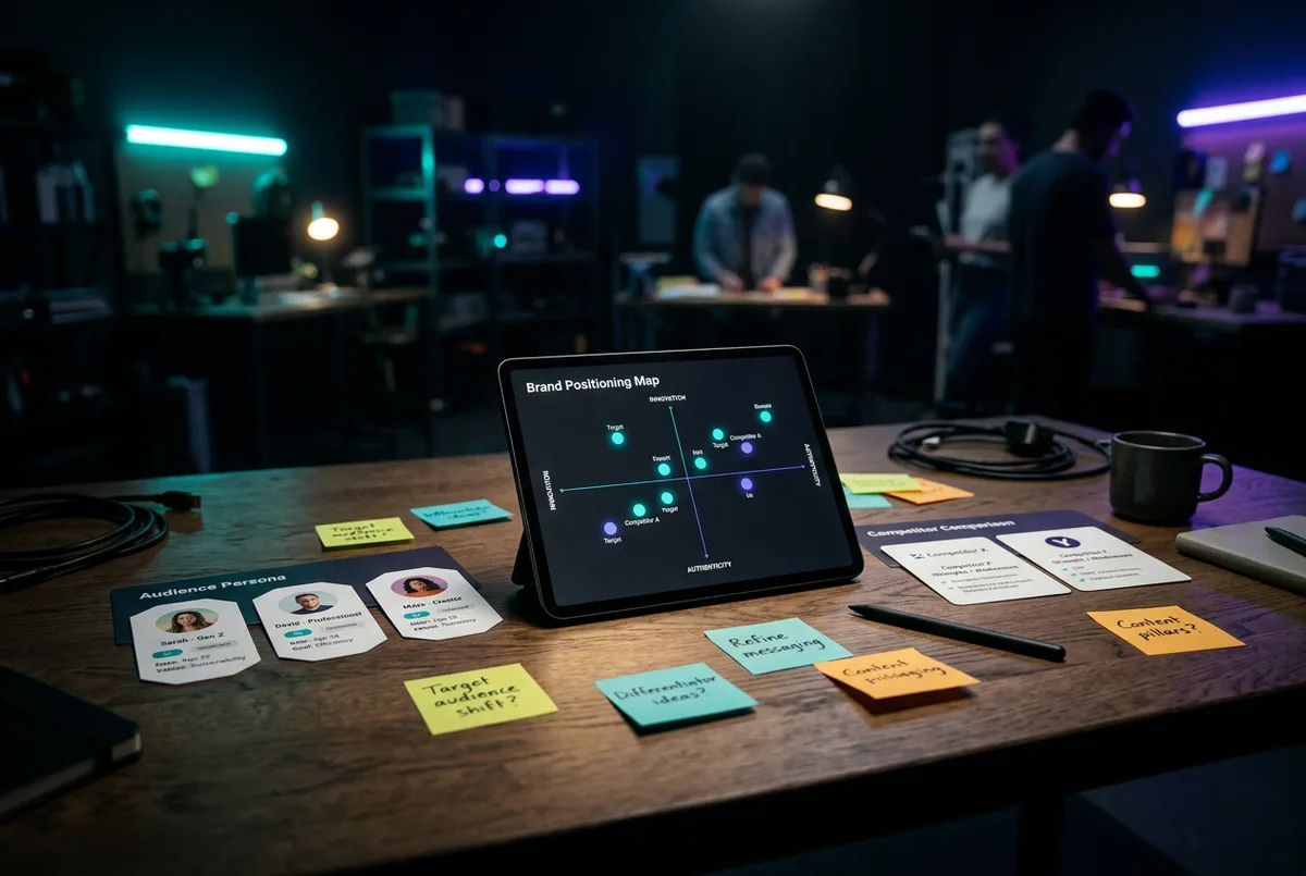 שולחן עבודה עם כרטיסי פרסונות של קהלי יעד, פתקים צבעוניים וטאבלט שמציג מפת מיצוב מול מתחרים