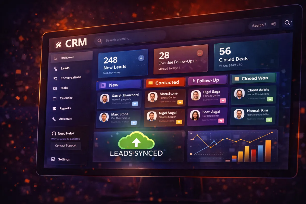 מסך CRM עם דשבורד לידים, סטטוסים וגרפים עם סנכרון לידים