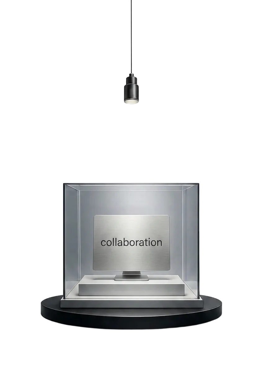 שלט collaboration בתוך ויטרינת זכוכית מוארת - שיתוף פעולה עם סוכנויות