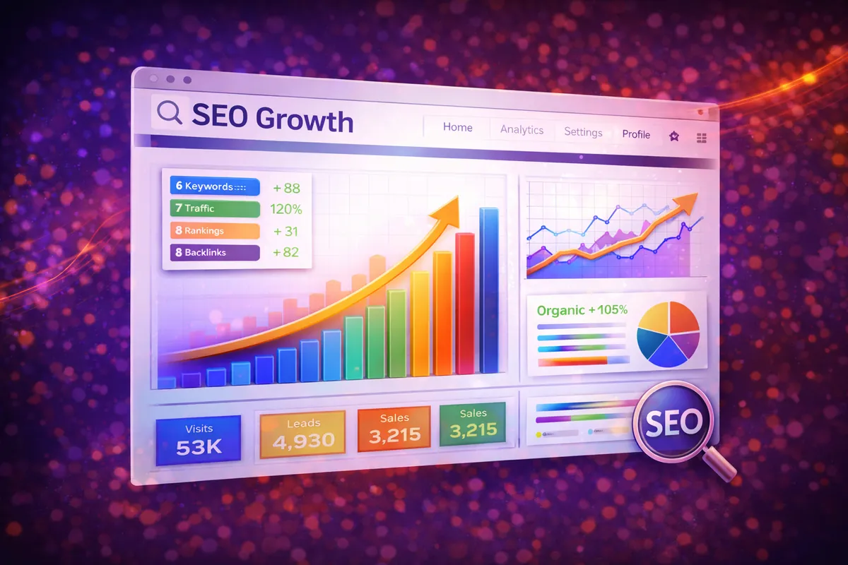 דשבורד SEO Growth עם גרפים של מילות מפתח, תנועה, דירוגים וקישורים נכנסים