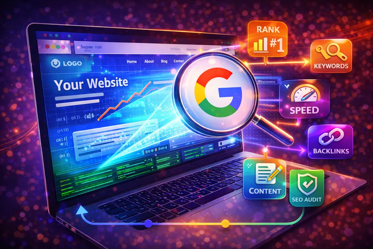 אתר עם זכוכית מגדלת של גוגל ואלמנטי SEO: דירוג, מילות מפתח, מהירות, קישורים, תוכן ובדיקת SEO