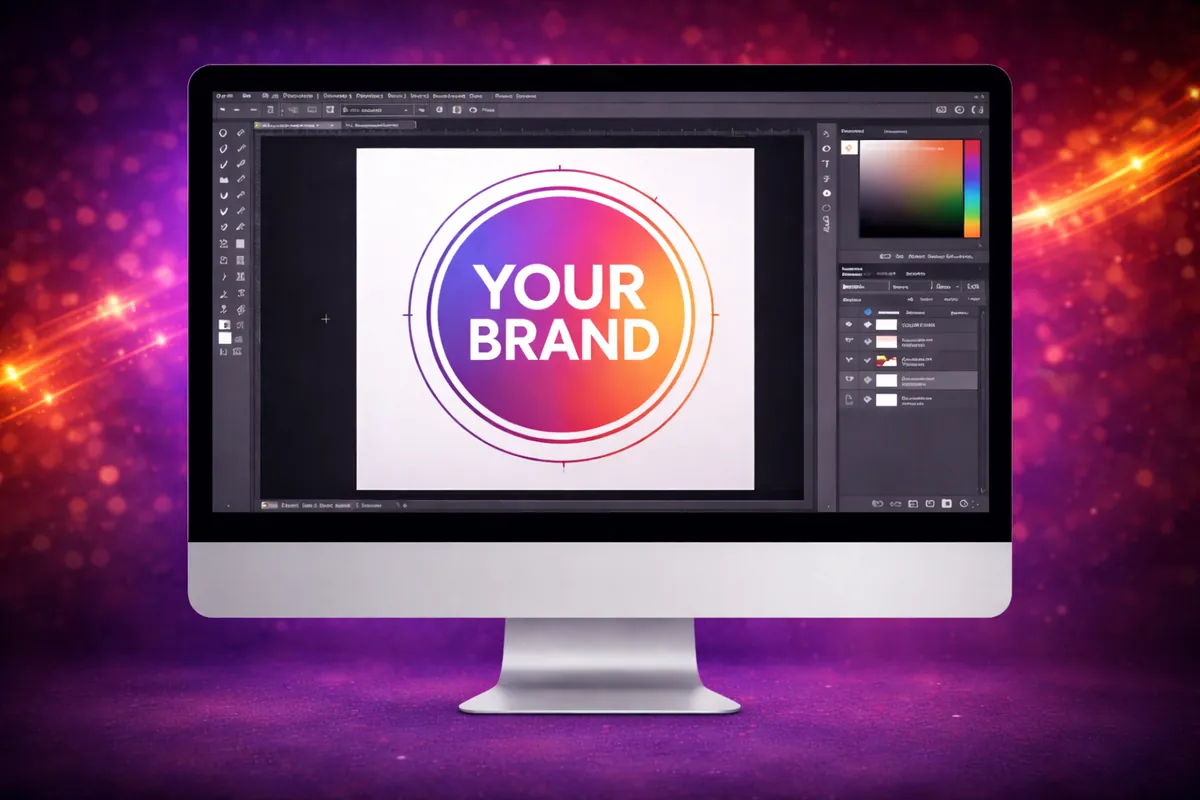 עיצוב לוגו YOUR BRAND בתוכנת עיצוב על מסך מחשב